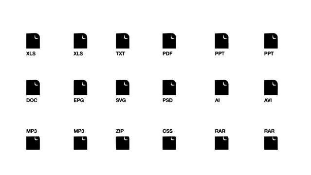 File Icons Representing Various Document and Media Formats Arranged in a 4x3 Grid Featuring Xls, Xlsx, Txt with Pdf and Ppt Elements for Pptx, Doc