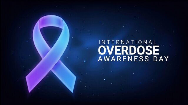 International Overdose Awareness Day with purple and blue gradient awareness ribbon on a dark background