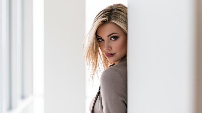 Woman peeks and listens through a white panel wall in a minimal studio concept showing spying, curiosity, and secret observation.