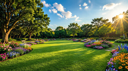 Obraz premium Lush park lawn with vibrant flower beds and sunbeams filtering through trees