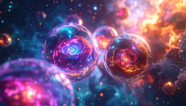 Cosmic bubble floating in deep space reflecting galaxies symbolizing multiverse theory science fiction futuristic exploration fantasy beyond imagination glowing starlight concept