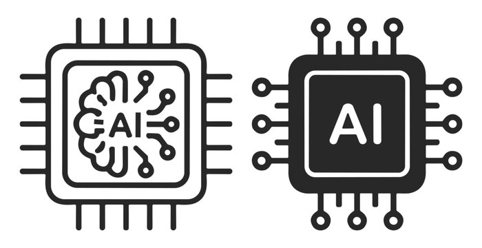 Artificial intelligence chip circuit icon set with brain and microchip design in black and white on transparent background