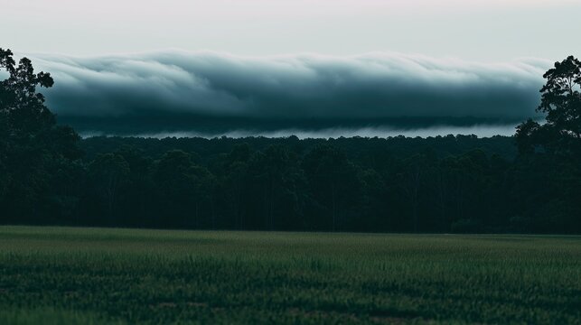 Moody atmospheric landscape with green grass field in foreground dense forest and rolling wave of foggy clouds flowing over hill on a cool overcast day