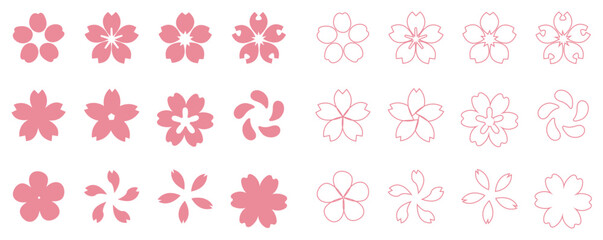 Sakura cherry blossom flower icon collection set with pink petals outline and solid silhouette shapes for japanese spring season design. © VectorVista Studio