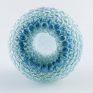 Abstract 3d light blue glass toroidal shape with hexagonal honeycomb cell structure on plain light neutral background for modern decorative design