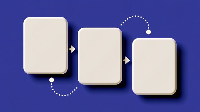 Three step blank connected workflow diagram with rounded rectangles and direction arrows on deep blue background perfect for business process infographic presentation
