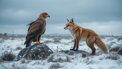 Fototapeta premium Golden Eagle and Fox in Snowy Landscape