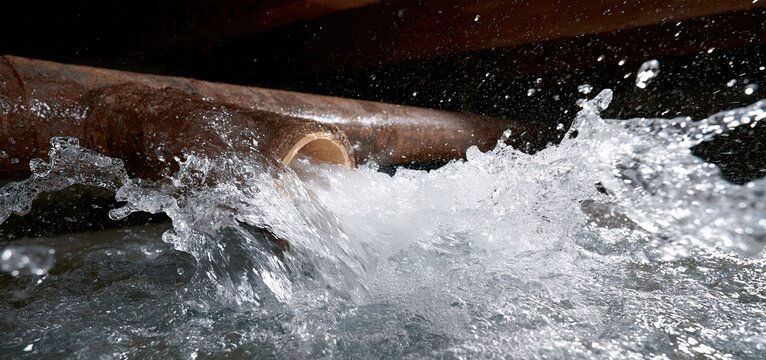 A broken pipe sprays water urgently, highlighting the need for immediate plumbing repair to avoid home damage.