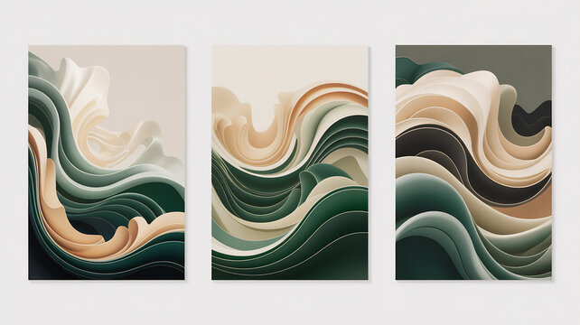 Abstract Green Beige Brown Wave Art Triptych