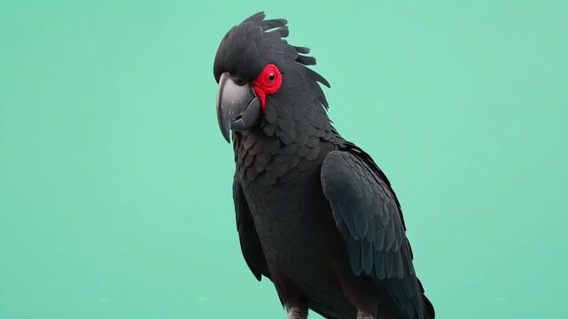 Palm cockatoo portrait. Rare black parrot with red cheek on green background