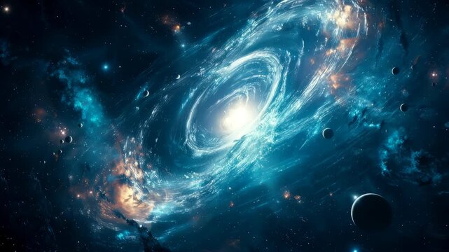 Cosmic spiral galaxy with bright core and swirling arms surrounded by distant stars and planets in a deep space setting, showcasing the beauty of the universe