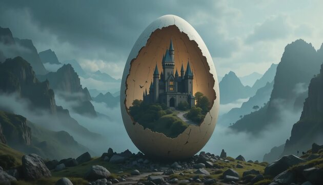 Mystical castle inside giant cracked egg