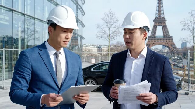 Two engineers in hard hats discussing construction plans near the eiffel tower