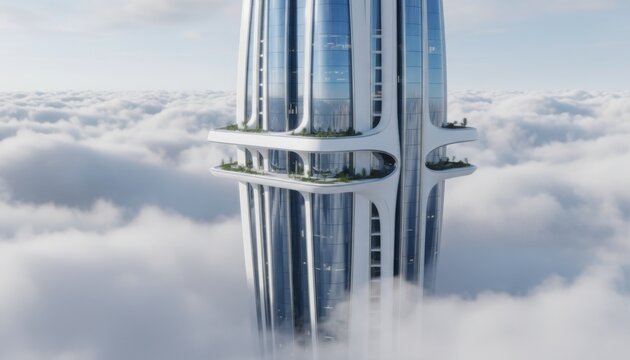 Futuristic skyscraper emerging above the clouds showcasing visionary architecture and elevated design blending technology, sustainability and breathtaking sky-high lifestyle