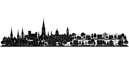 Obraz premium Detailed panoramic townscape silhouette featuring buildings and residential homes