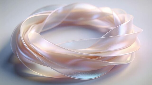 Rotating braided pearl ribbon torus sliding and lifting on studio table, diffuse light shifting