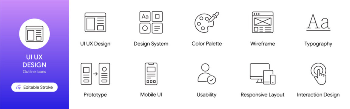 UI UX design icons set including wireframe and prototype for web and mobile application development vector illustration