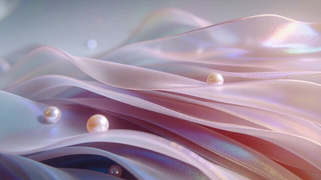 Undulating pearlescent ribbons driven by virtual current in studio, pearls rolling into new troughs