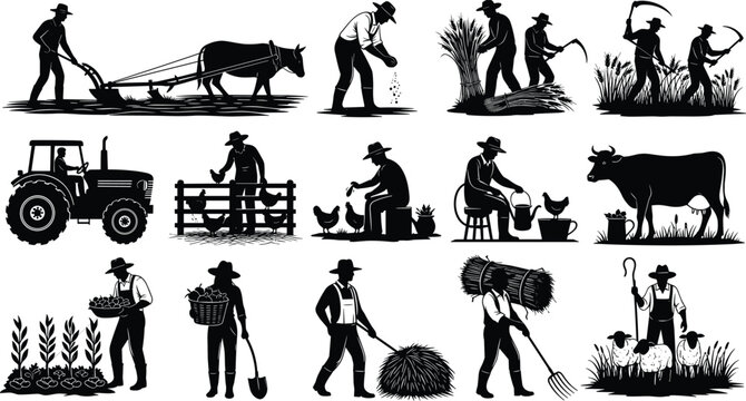 Farming silhouette set, rural life, traditional agriculture, oxen plow, crop harvest, livestock care, black icons, vector pack, flat vector