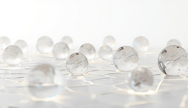 Clear transparent glass spheres resting on hexagonal grid structure with hexagonal transparent structure abstract background geometry spherical technical scientific geometric backgrounds