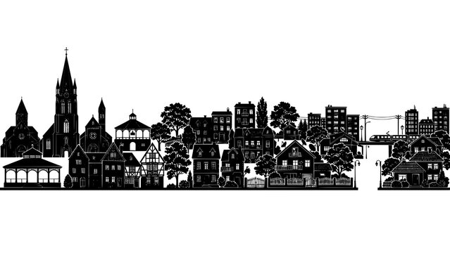 Black silhouette of a historic european village townscape with houses and church