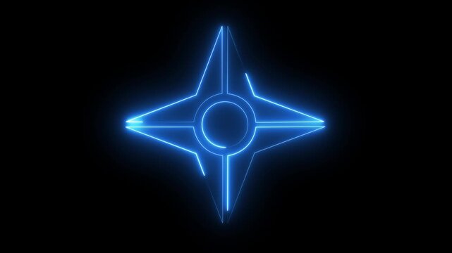 Glowing blue neon four-pointed star symbol pulsing on black background