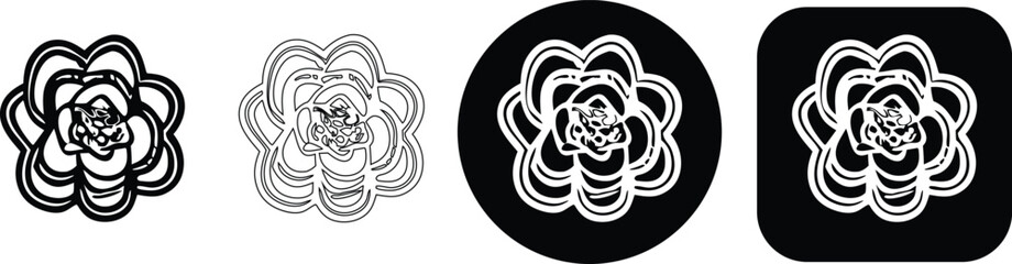 Fototapeta premium Set of four flower featuring a stylized rose blossom, rendered in black and white styles and shapes floral