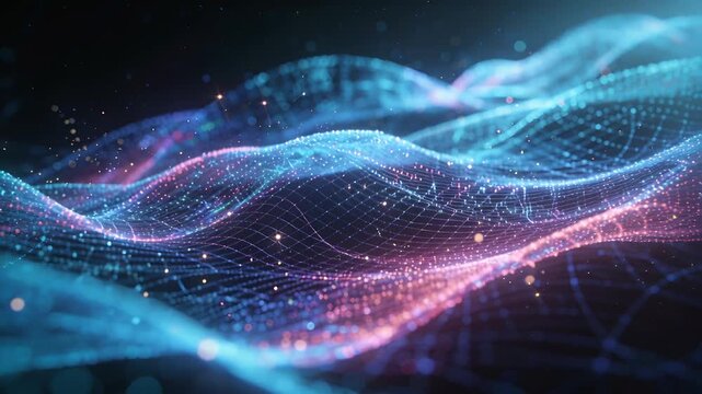 Starting tri-color wireframe mesh undulating across void, emphasizing depth and twinkling particles