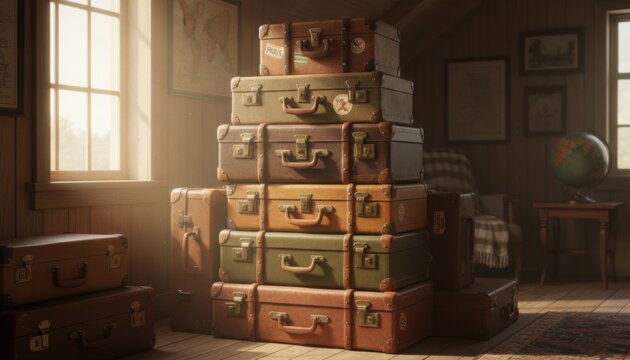 Tall stack of vintage leather suitcases and trunks in rustic sunlit room with old maps and globe travel adventure concept