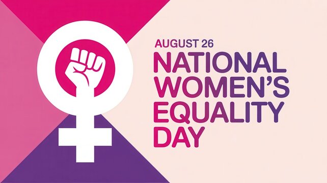 National Women's Equality Day banner with Venus symbol and raised fist, celebrating August 26