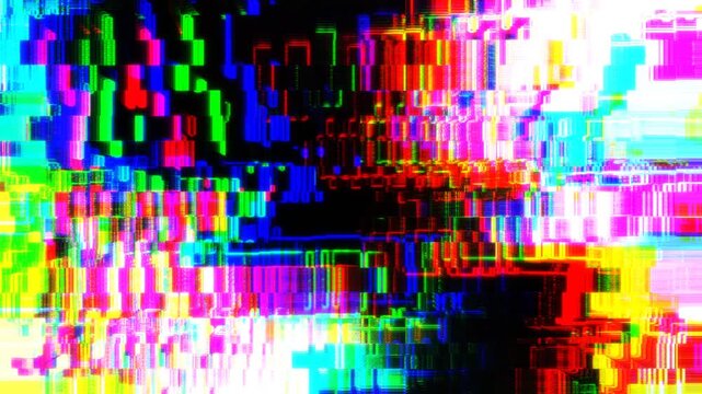 RGB pixel sorting glitch with red green and blue digital noise flickering on a seamless loop. Pairs with EDM music video and nightclub VJ loop design
