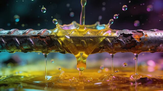 Dripping viscous yellow stream impacting ribbed steel rebar in studio macro, creating crown splash