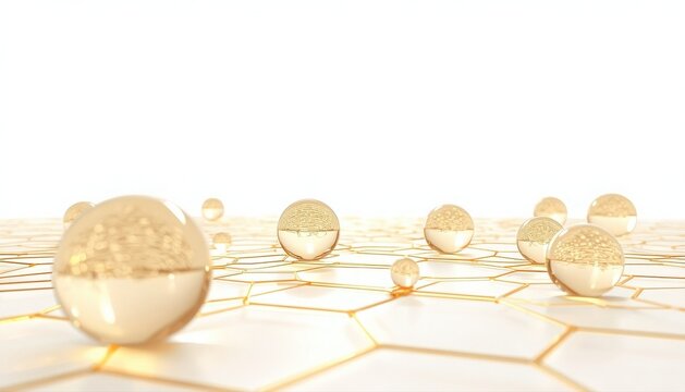 Golden spheres resting on a glowing hexagonal grid pattern with hexagonal abstract background geometry spherical metallic geometric backgrounds presentation backdrop composition template