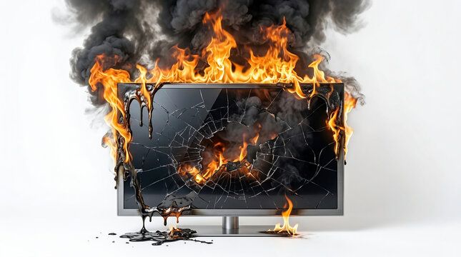 Burning computer monitor with flames and thick black smoke on a white background