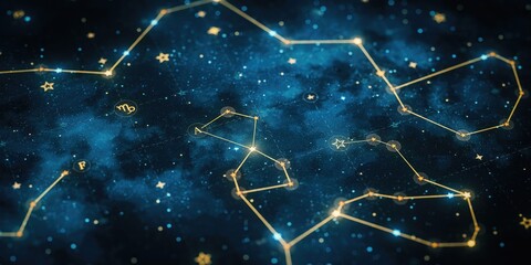 Fototapeta premium Constellation map with golden connecting lines on a dark blue nebula background