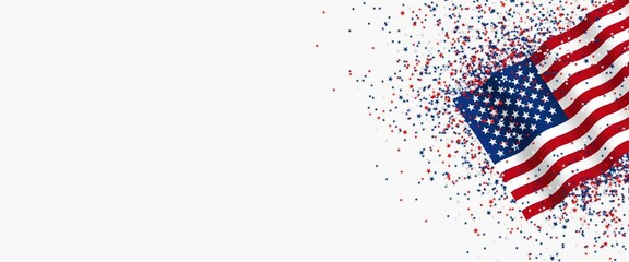 Obraz premium Waving american flag with red, white, and blue confetti on white background