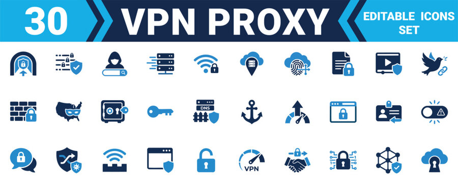 Set of 30 blue and black vpn and proxy vector icons representing internet security and data privacy Minimal solid fill icon set bundle collection. Editable Vector Illustration Mega pack