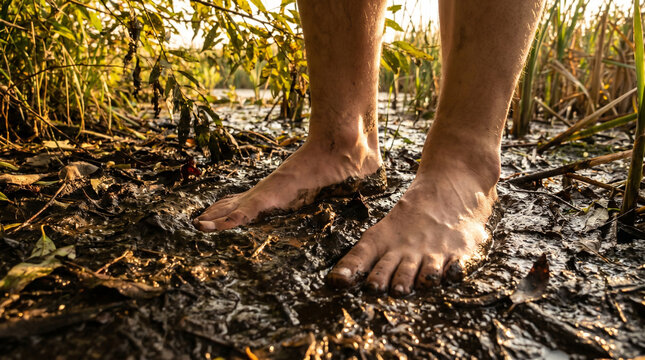 Bare Feet Walking Through Muddy Ground Near Lush Greenery