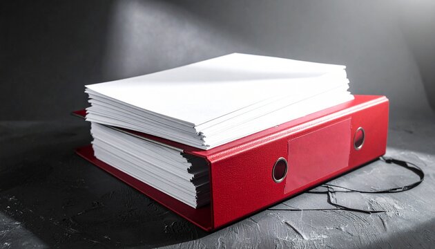A red file holder filled with white papers under a spotlight, symbolizing organization, productivity, and the clarity of structured work in a modern workspace.