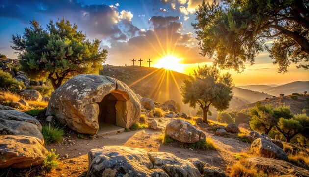 Sun shining over empty tomb and three crosses on distant hill at sunset representing christian resurrection and easter story