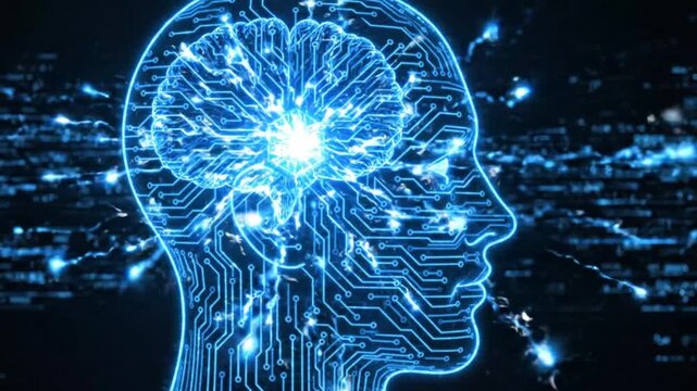Digital human head silhouette with glowing circuit board brain and neural network connections representing artificial intelligence and machine learning technology