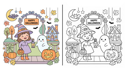 Fototapeta premium Soft Pastel Halloween Scene Coloring Pages for Preschool Kids with Colored Example and Clean Black Line Art Worksheet Isolated on Transparent Background