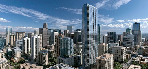 Obraz premium A dynamic cityscape featuring towering modern buildings arranged beneath a clear, sunny sky.