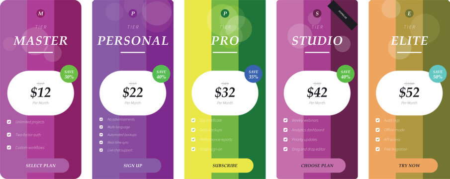 Stylish pricing table templates for master personal pro studio and elite tiers offering different features monthly prices and savings for online subscriptions.