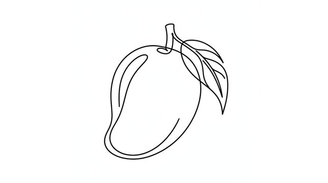 Simple line drawing of a mango with leaves on white background