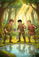 Three woodcutters carrying tools by forest pond in fairy tale style © SM Biplob