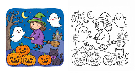 Fototapeta premium Pastel Halloween Coloring Pages for Preschool Kids with Colored Example and Clean Black Line Art Worksheet Isolated on Transparent Background