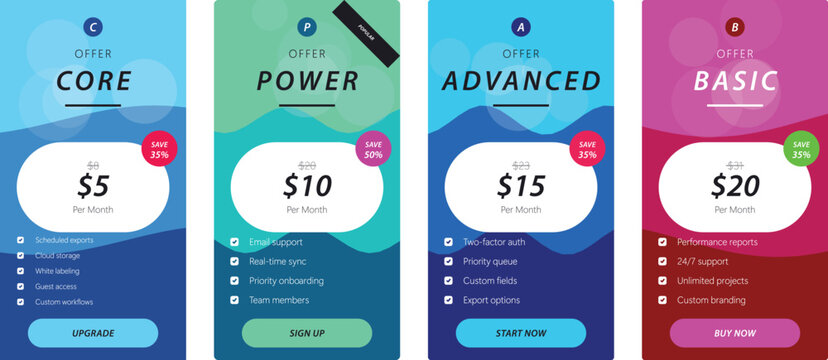 Pricing table templates for core power advanced basic plans with costs and benefits highlighted in distinct vertical columns suitable for software subscription services.