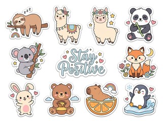 Obraz premium Cute Stay Positive Animals Sticker Pack with Rainbow and Inspirational Quote