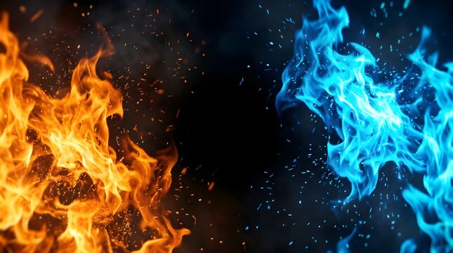 Cinematic fire and ice background with orange and blue flames, abstract hot and cold elemental energy clash, glowing sparks on dark black texture